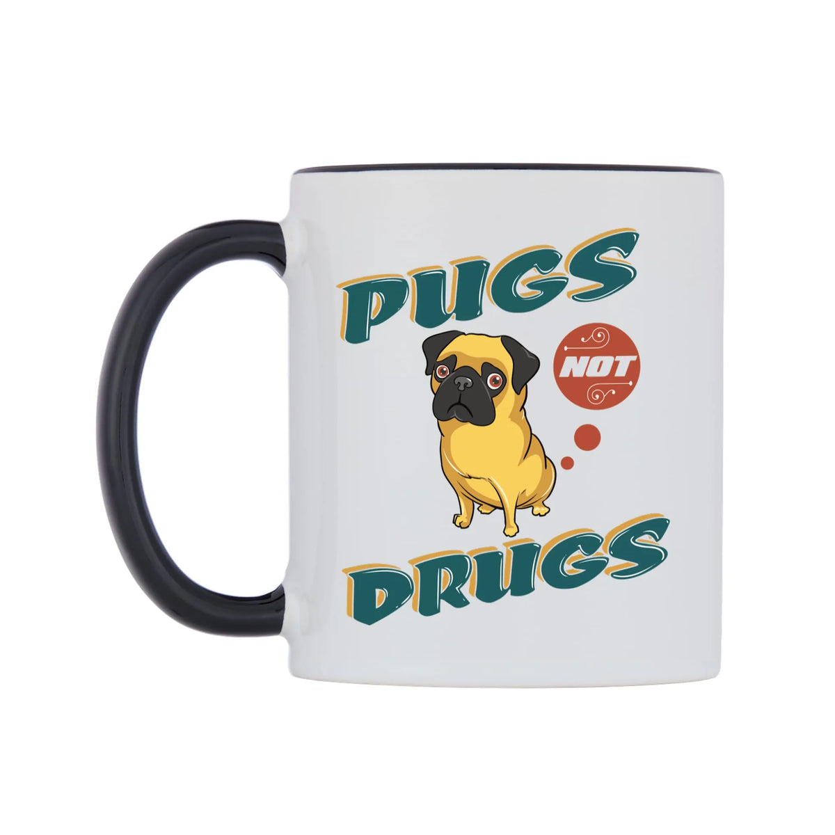 Pugs Not Drugs Mug — white 11oz gloss mug with a black inside and handle, right side, on a white background