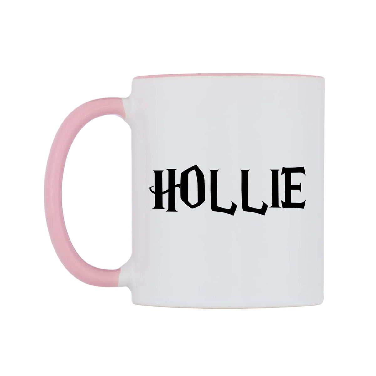 Hollie - Wizard Themed Mug — white 11oz gloss mug with a pink inside and handle, right side, on a white background