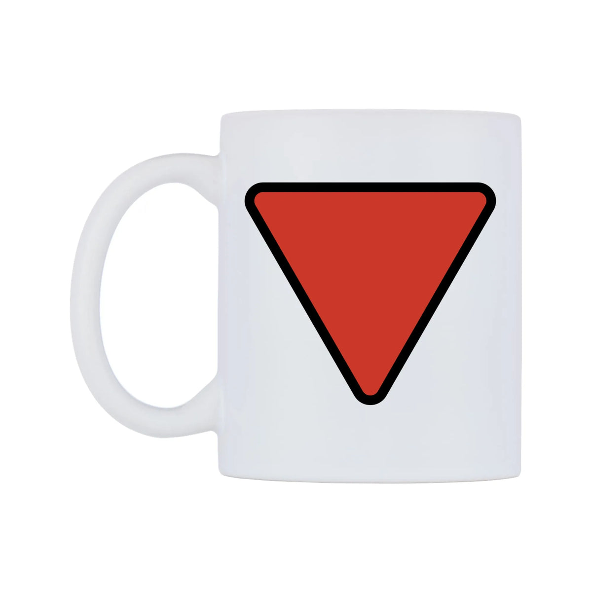 Red Triangle Pointed Down Emoji Mug — mug, right side, on a white background