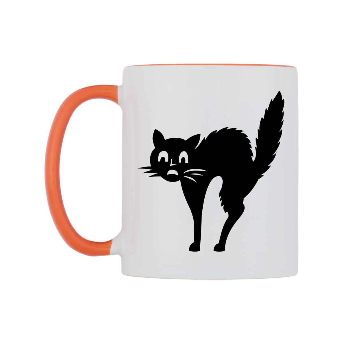 Scared Black Cat Mug — white 11oz gloss mug with a orange inside and handle, right side, on a white background
