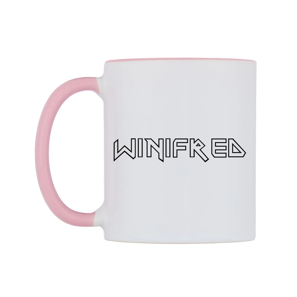 Winifred - Iron Maiden Themed Mug — white 11oz gloss mug with a pink inside and handle, right side, on a white background