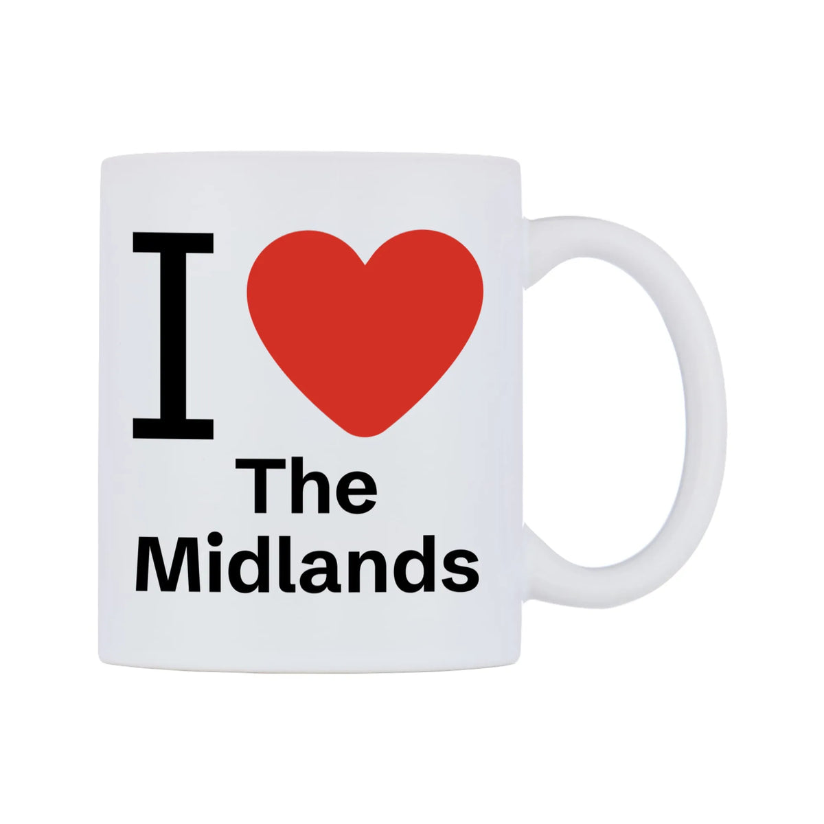 I Love The Midlands Mug — white 11oz gloss mug, left side, on a white background
