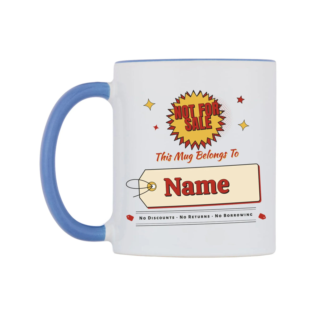 Not For Sale Swing Tag Mug — white 11oz gloss mug with a cambridge blue inside and handle, on a white background