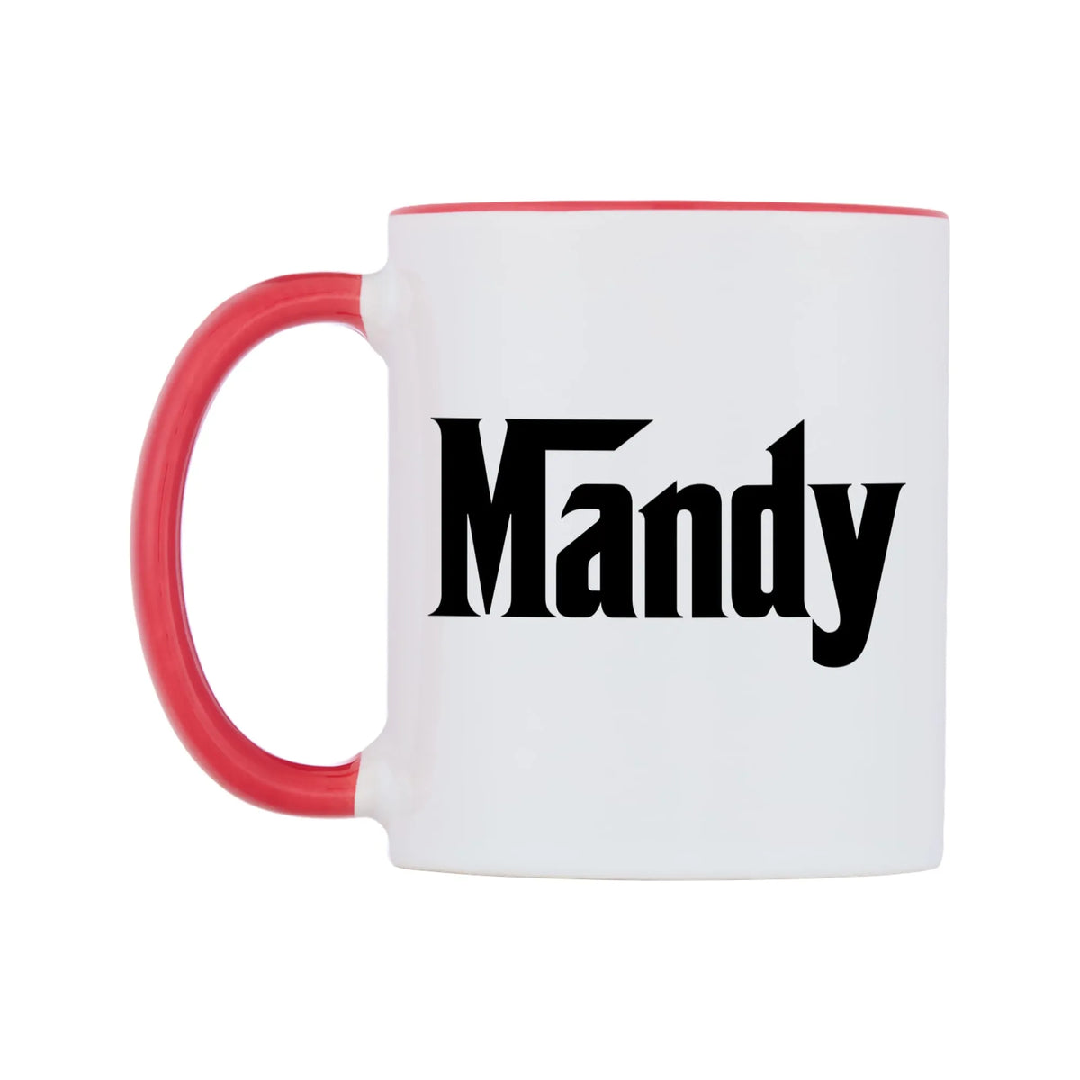 Mandy - Godfather Themed Mug — white 11oz gloss mug with a red inside and handle, right side, on a white background