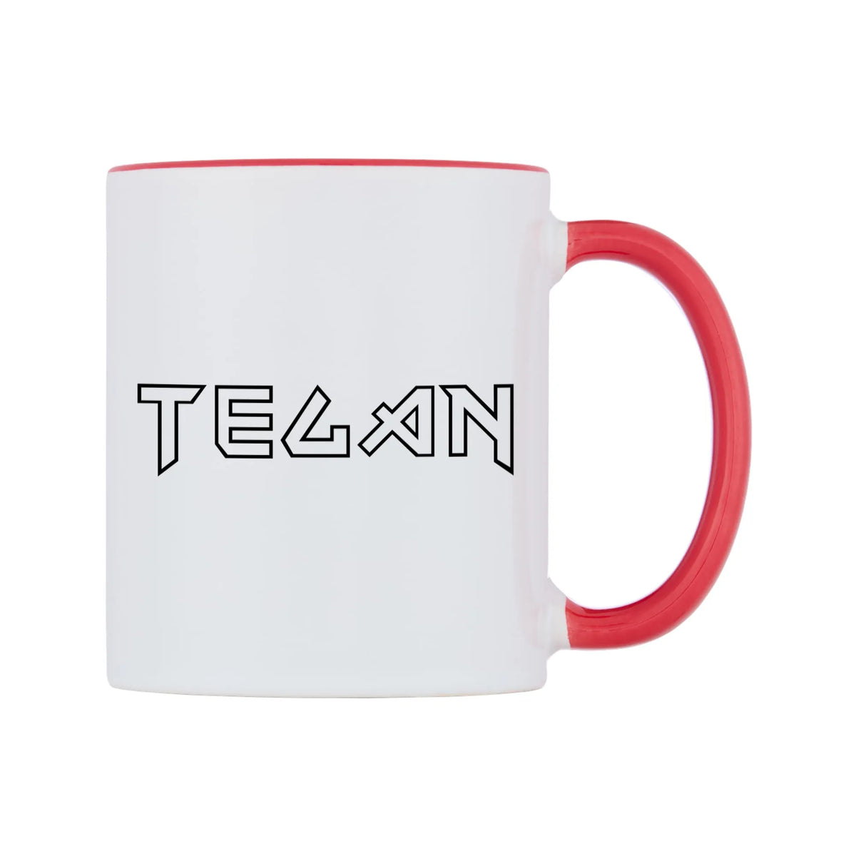 Tegan - Iron Maiden Themed Mug — white 11oz gloss mug with a red inside and handle, left side, on a white background