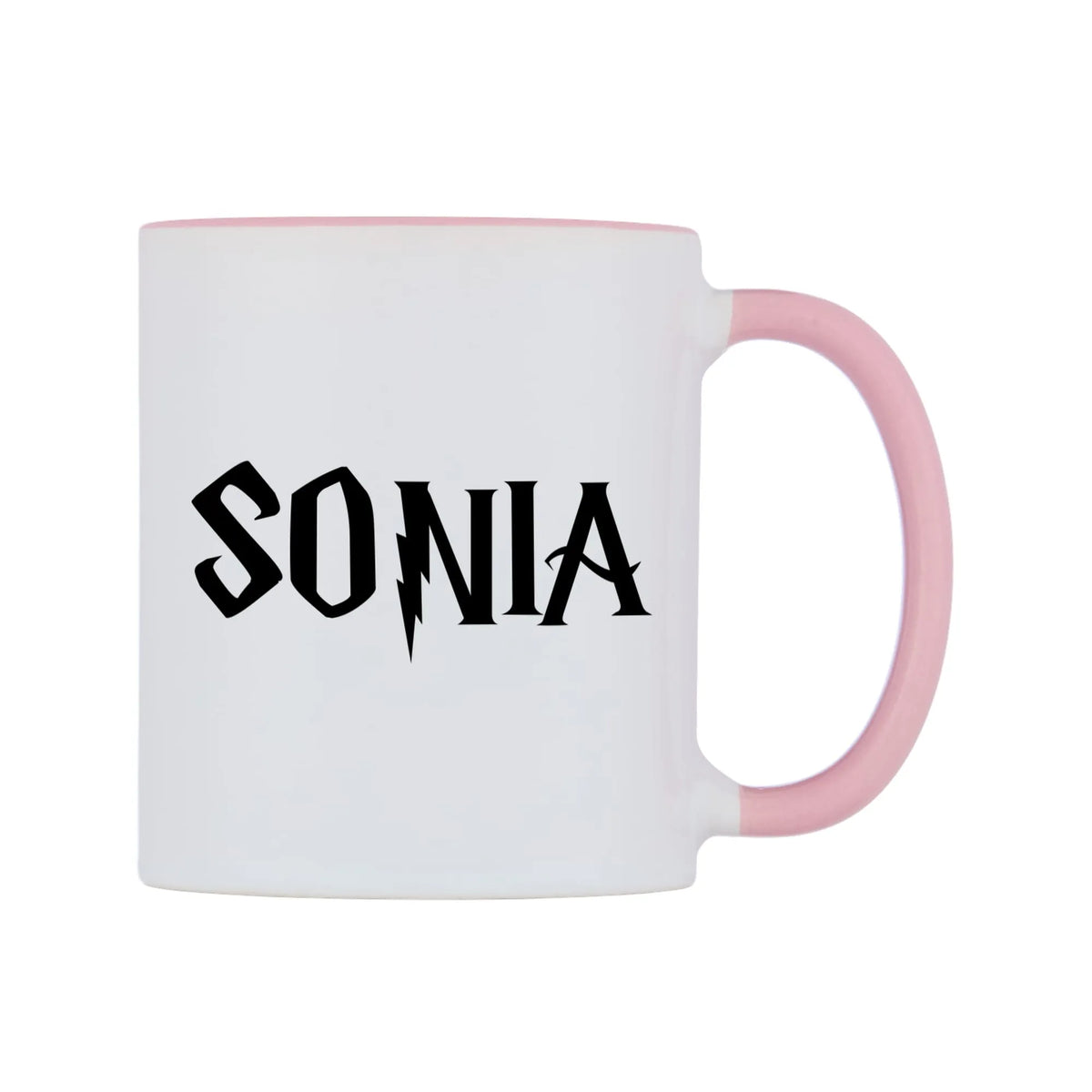 Sonia - Wizard Themed Mug — white 11oz gloss mug with a pink inside and handle, left side, on a white background