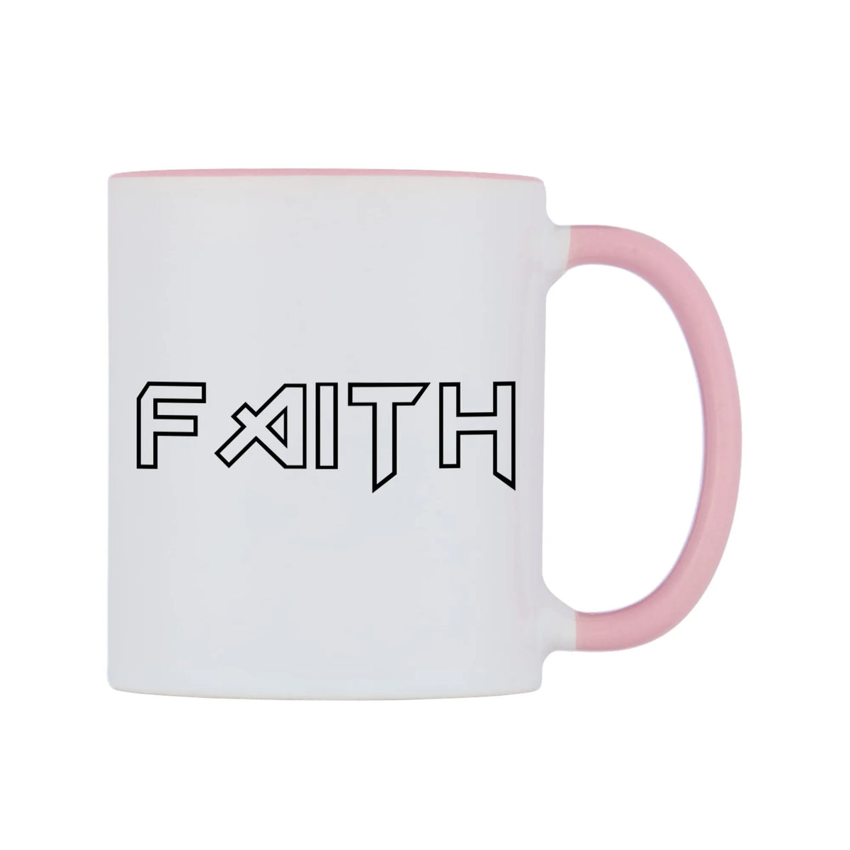 Faith - Iron Maiden Themed Mug — white 11oz gloss mug with a pink inside and handle, left side, on a white background