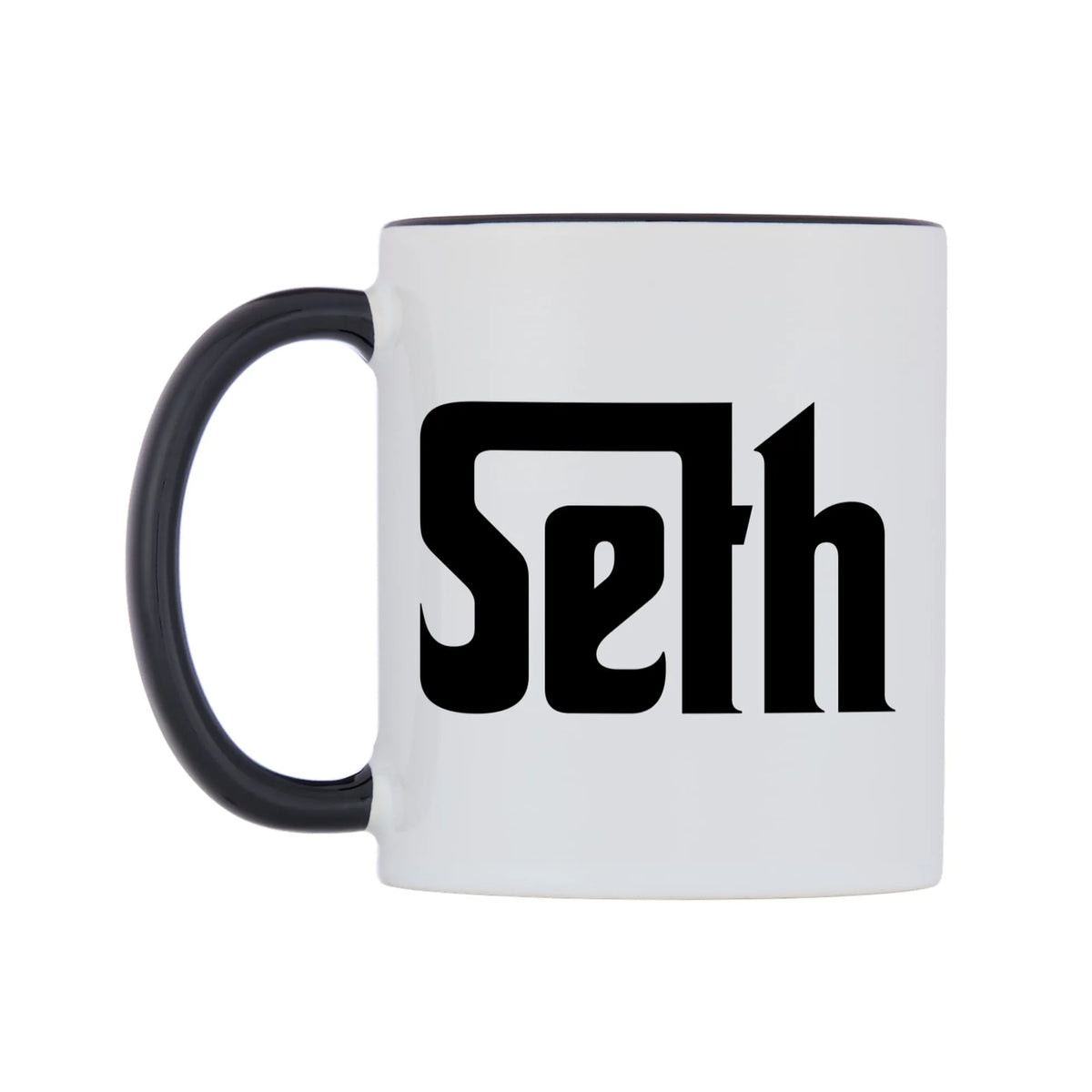 Seth - Godfather Themed Mug — white 11oz gloss mug with a black inside and handle, right side, on a white background