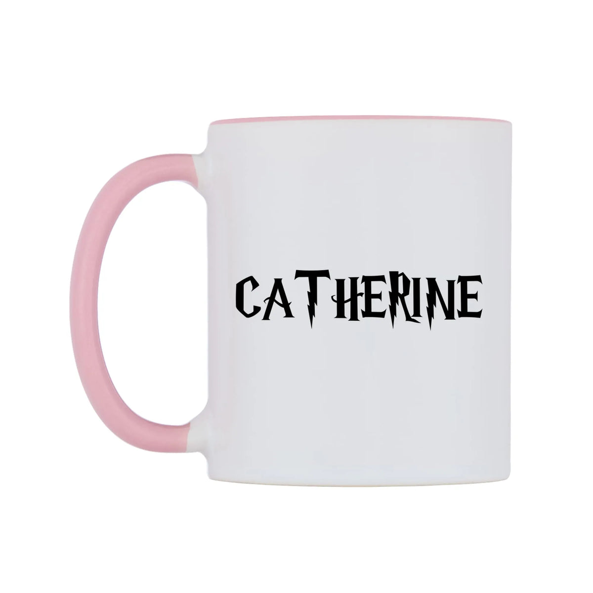 Catherine - Wizard Themed Mug — white 11oz gloss mug with a pink inside and handle, right side, on a white background