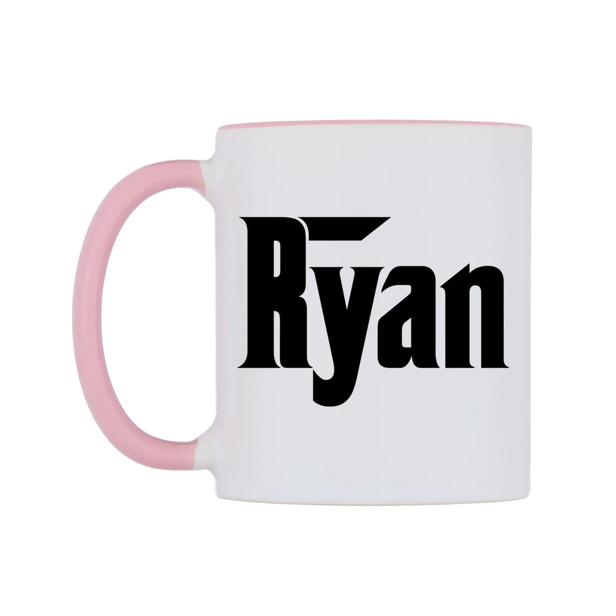 Ryan - Godfather Themed Mug — white 11oz gloss mug with a pink inside and handle, right side, on a white background