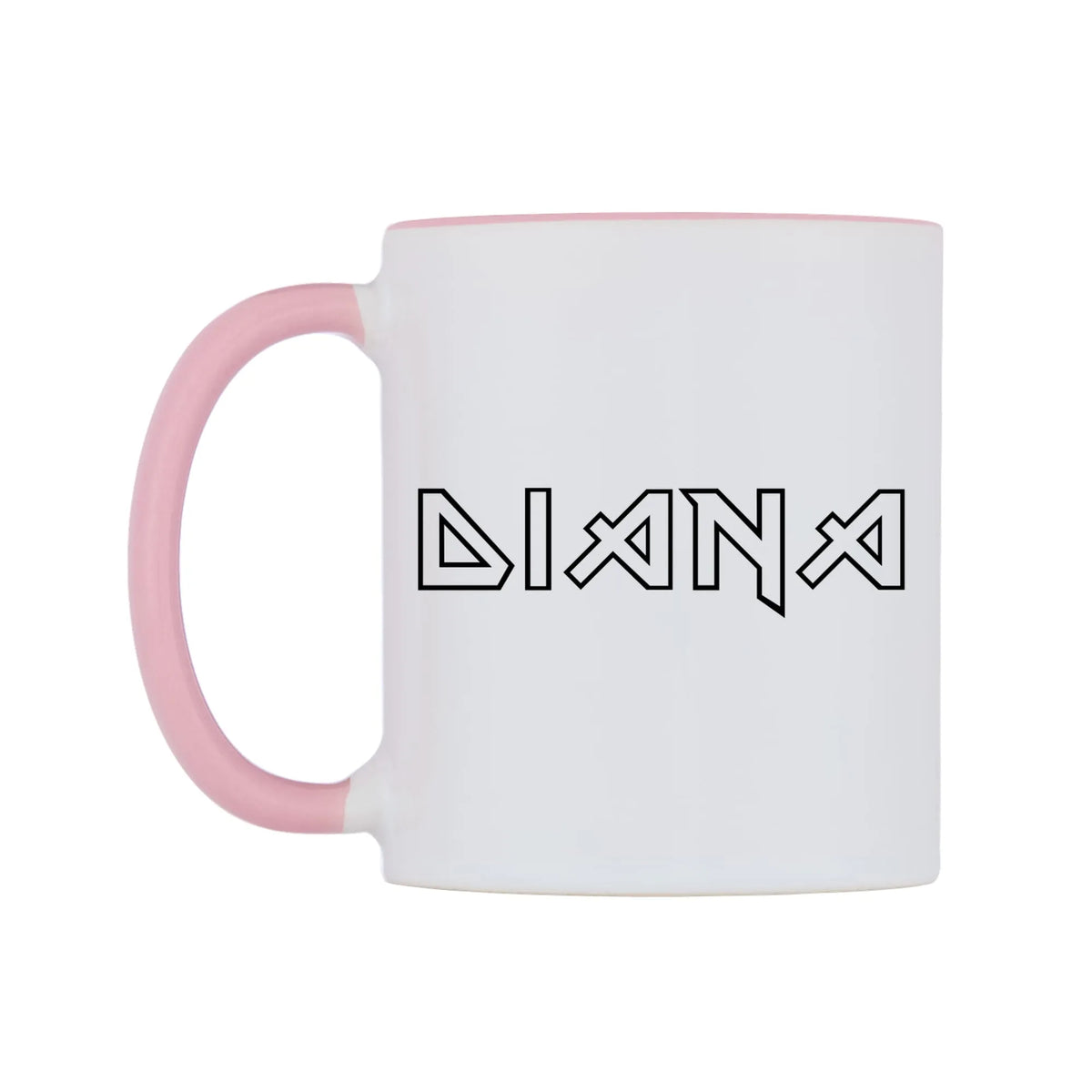 Diana - Iron Maiden Themed Mug — white 11oz gloss mug with a pink inside and handle, right side, on a white background