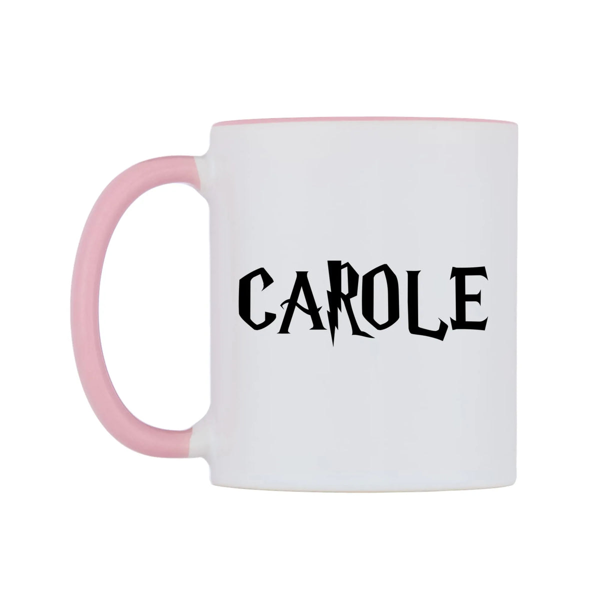 Carole - Wizard Themed Mug — white 11oz gloss mug with a pink inside and handle, right side, on a white background