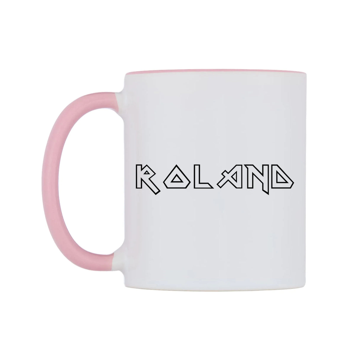 Roland - Iron Maiden Themed Mug — white 11oz gloss mug with a pink inside and handle, right side, on a white background