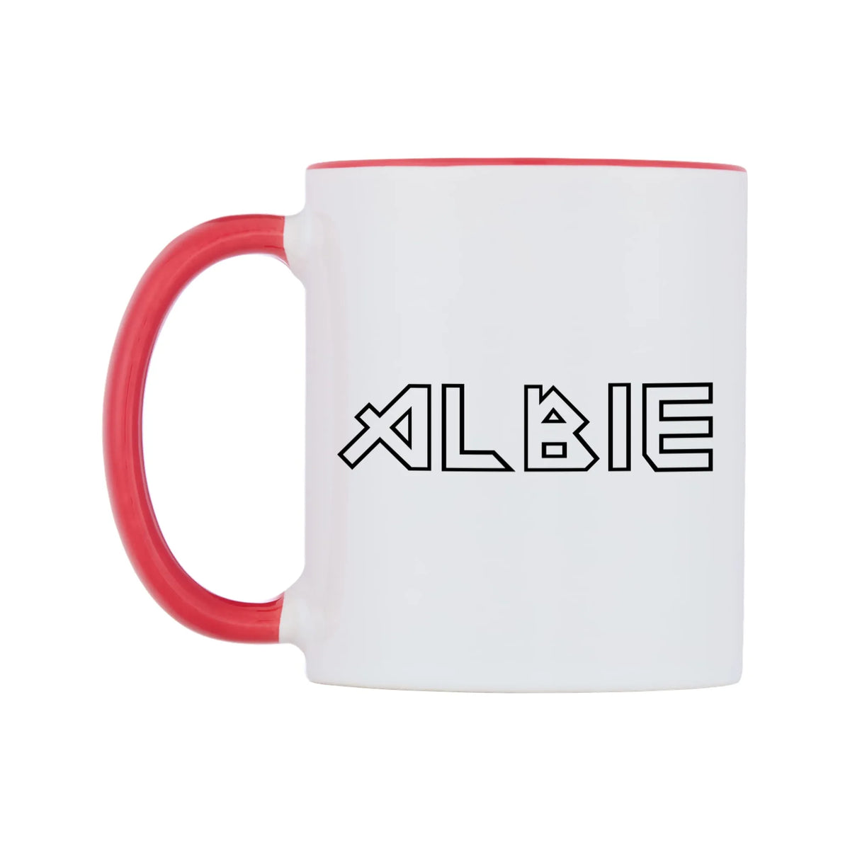 Albie - Iron Maiden Themed Mug — white 11oz gloss mug with a red inside and handle, right side, on a white background