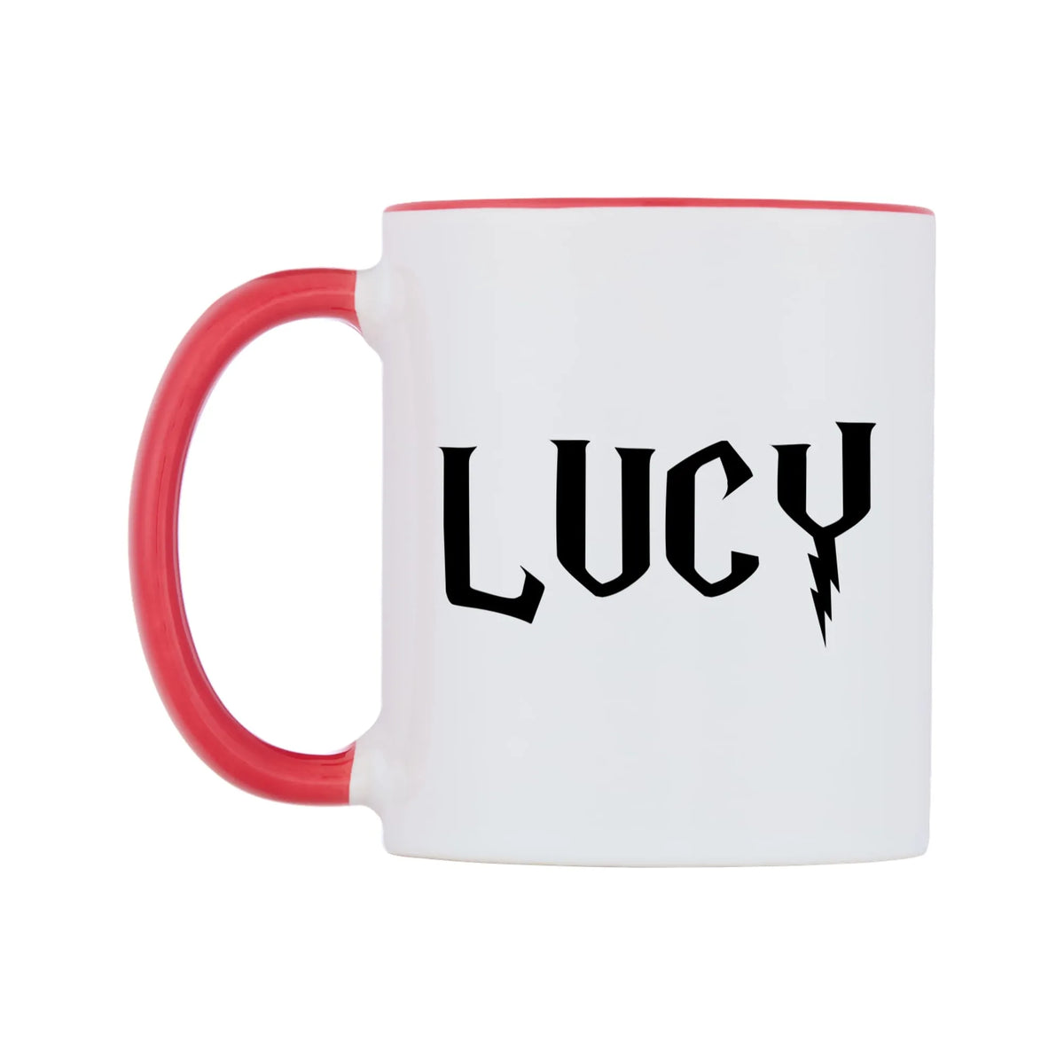 Lucy - Wizard Themed Mug — white 11oz gloss mug with a red inside and handle, right side, on a white background