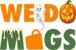 WeDoMugs logo with a Jack-O'-Lantern, Steam Ghost and Candle Wax Drips, for Halloween