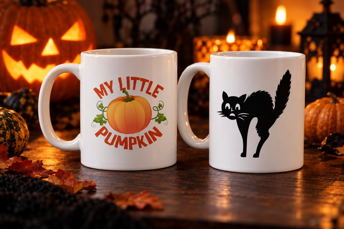 My Little Pumpkin and Scared Black Cat mugs on a dark counter beside a glowing carved pumpkin
