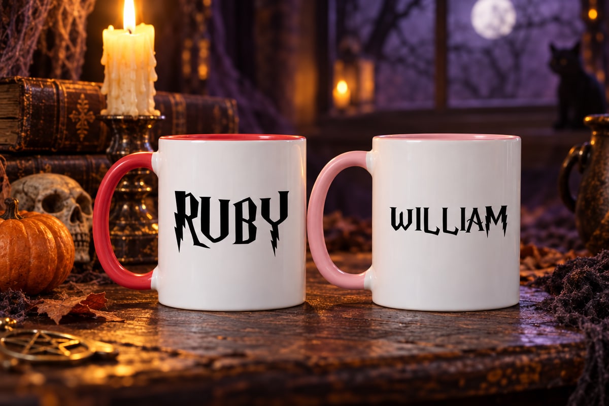 Ruby and William wizard-themed name mugs on a candlelit desk with an old spell book