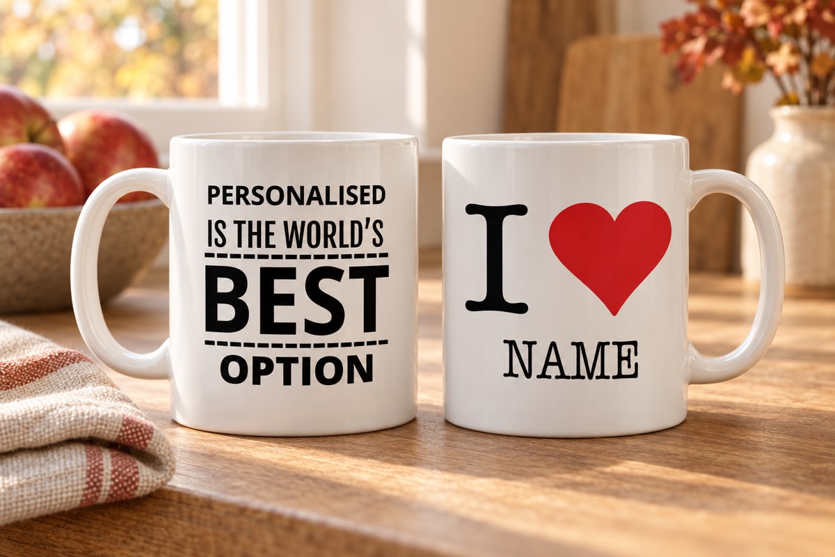 Two personalised mugs, World's Best and I Love, on an oak kitchen counter with red apples
