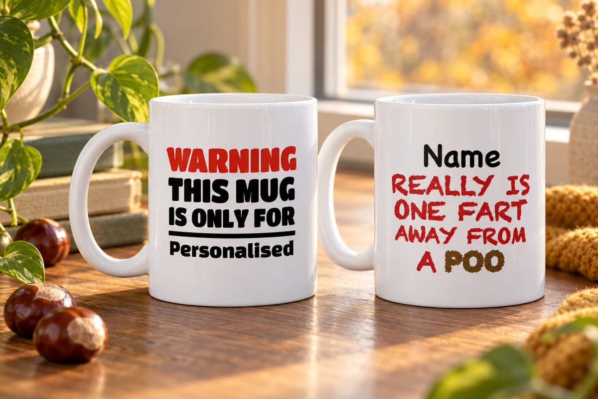 Two funny personalised mugs, a Warning mug and a cheeky poo joke mug, on a wooden desk with conkers