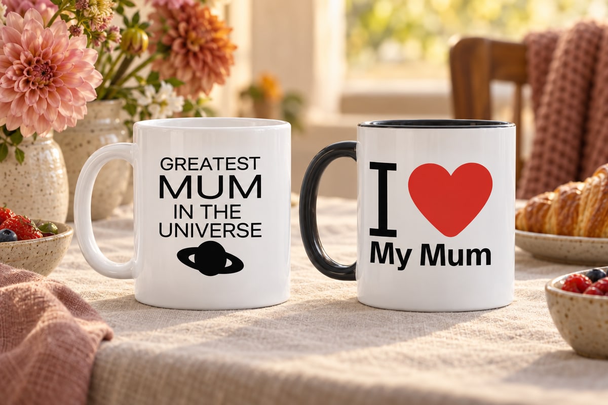 Greatest Mum in the Universe and I Love My Mum mugs on a breakfast table with dahlias