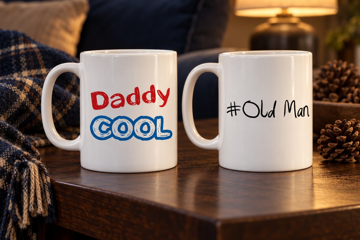 Daddy Cool and #Old Man mugs on a walnut side table with a tartan blanket and pine cones