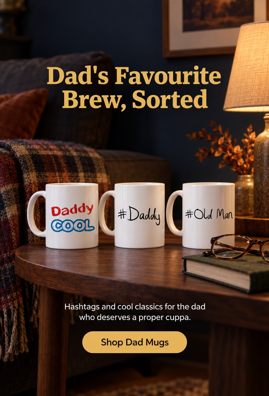 Dad's Favourite Brew, Sorted. Hashtags and cool classics for the dad who deserves a proper cuppa. Shop Dad Mugs. Three dad mugs on a walnut side table with a plaid throw and reading glasses in lamplight.