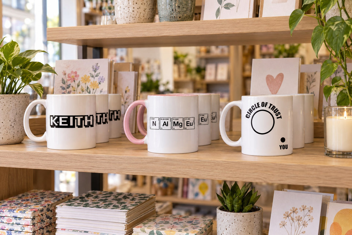 Our mugs on a gift shop’s shelves: Keith - Arcade Themed Mug, Chemistry Themed Personalised Mug, Circle of Trust Mug