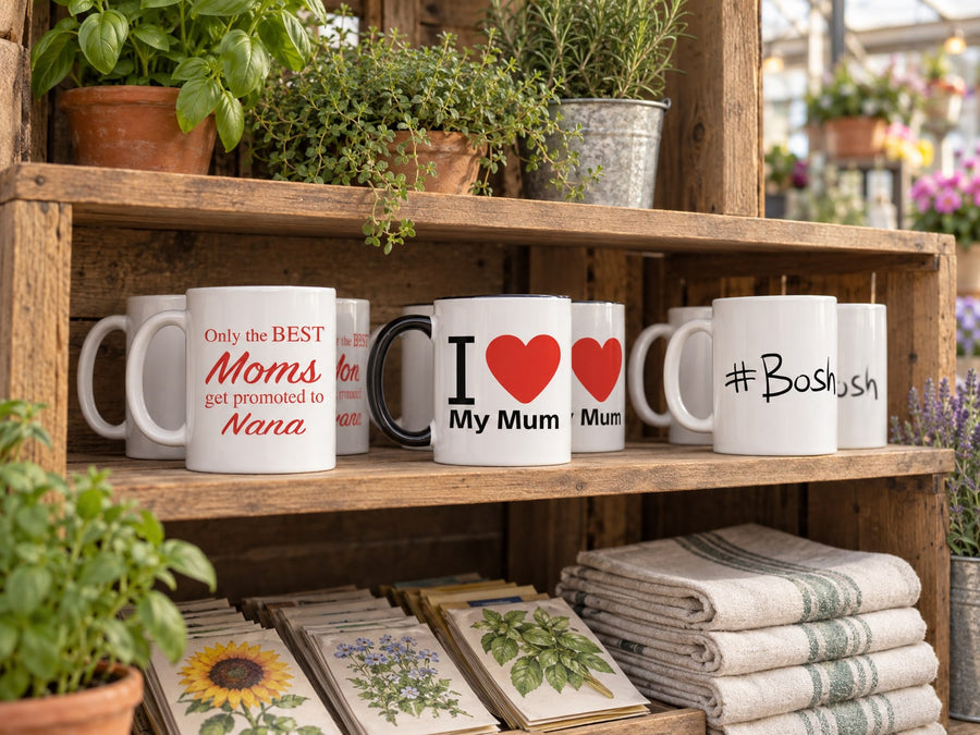 Our mugs on a garden centre’s shelves: Only the BEST Moms get promoted to Nana Mug, I Love My Mum Mug, #Bosh Mug