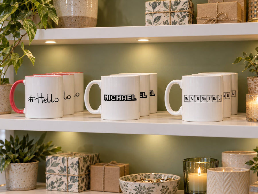 Our mugs on a boutique’s shelves: Hashtag Personalised Mug, Michael - Arcade Themed Mug, Gabriel - Chemistry Themed Mug