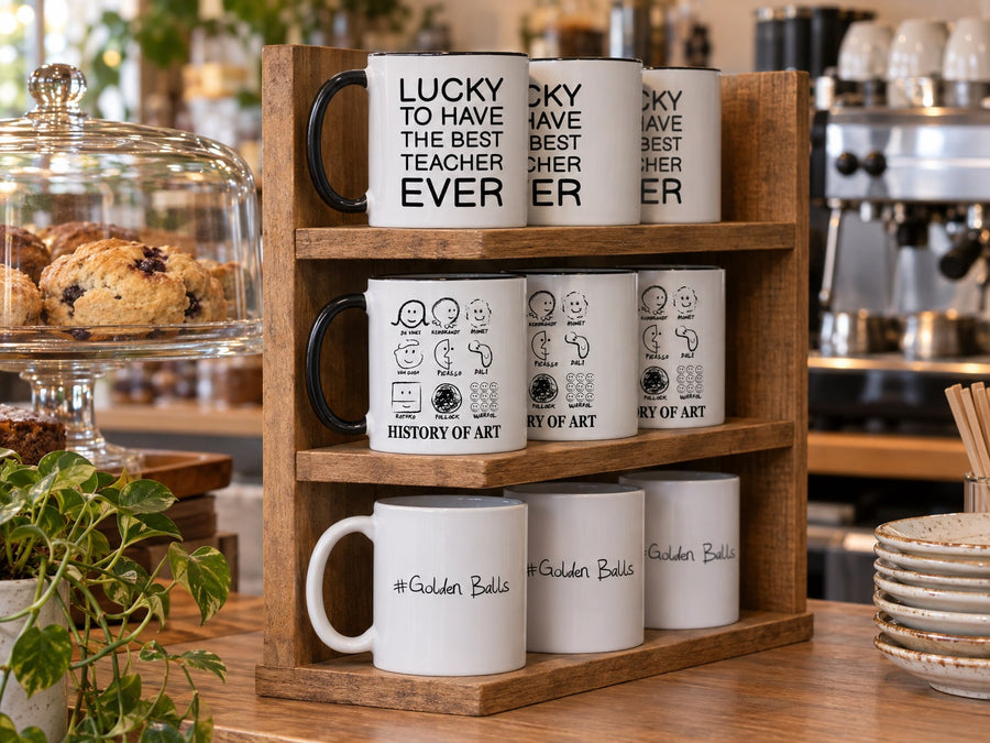 Our mugs on a café counter’s shelves: Lucky To Have The Best Teacher Ever Mug, History Of Art Mug, #Golden Balls Mug