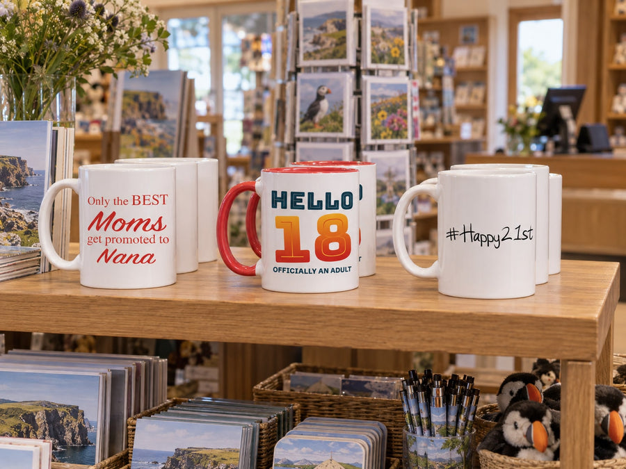 Our mugs on a visitor centre shop’s shelves: Only the BEST Moms get promoted to Nana Mug, Hello 18 Officially an Adult Mug, #Happy21st Mug