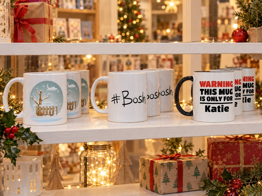 Our mugs on a Christmas shop window’s shelves: Winterland Mug, #Bosh Mug, Warning This Mug is ONLY for Katie Mug