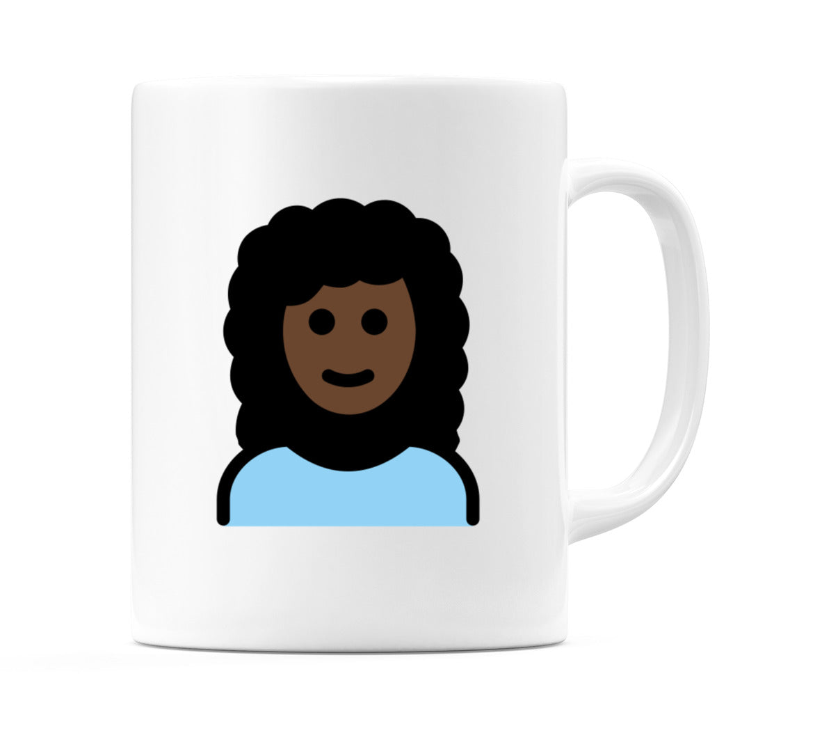 Female: Dark Skin Tone, Curly Hair Emoji Mug