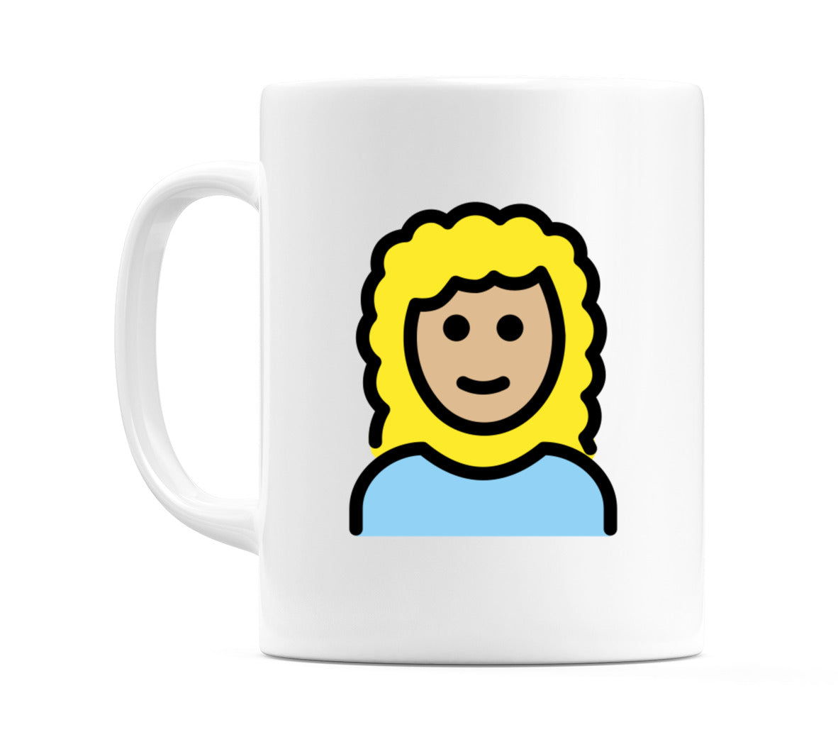 Female: Medium-Light Skin Tone, Curly Hair Emoji Mug
