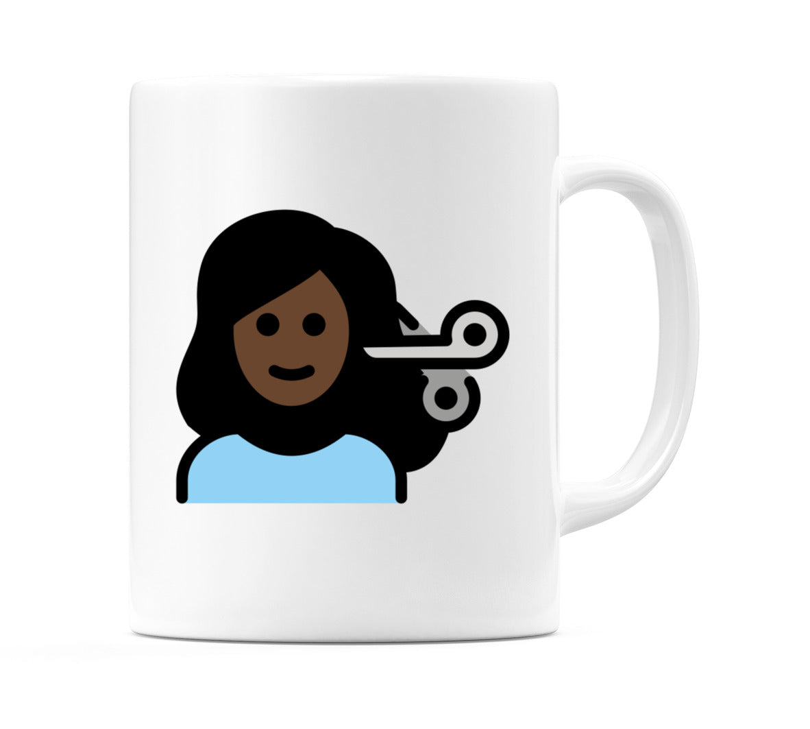 Female Getting Haircut: Dark Skin Tone Emoji Mug