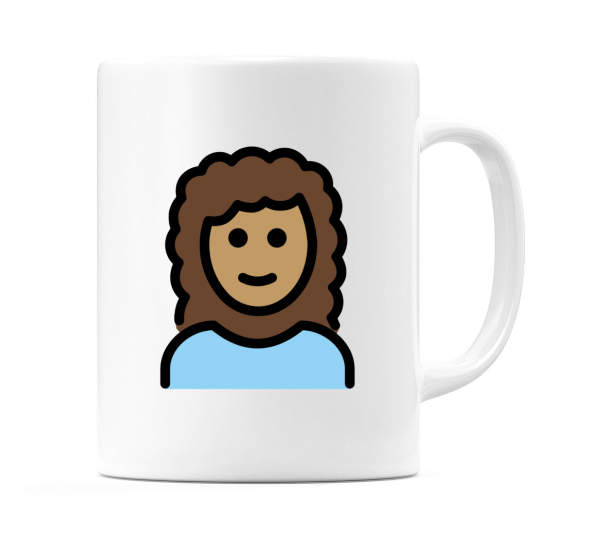 Female: Medium Skin Tone, Curly Hair Emoji Mug