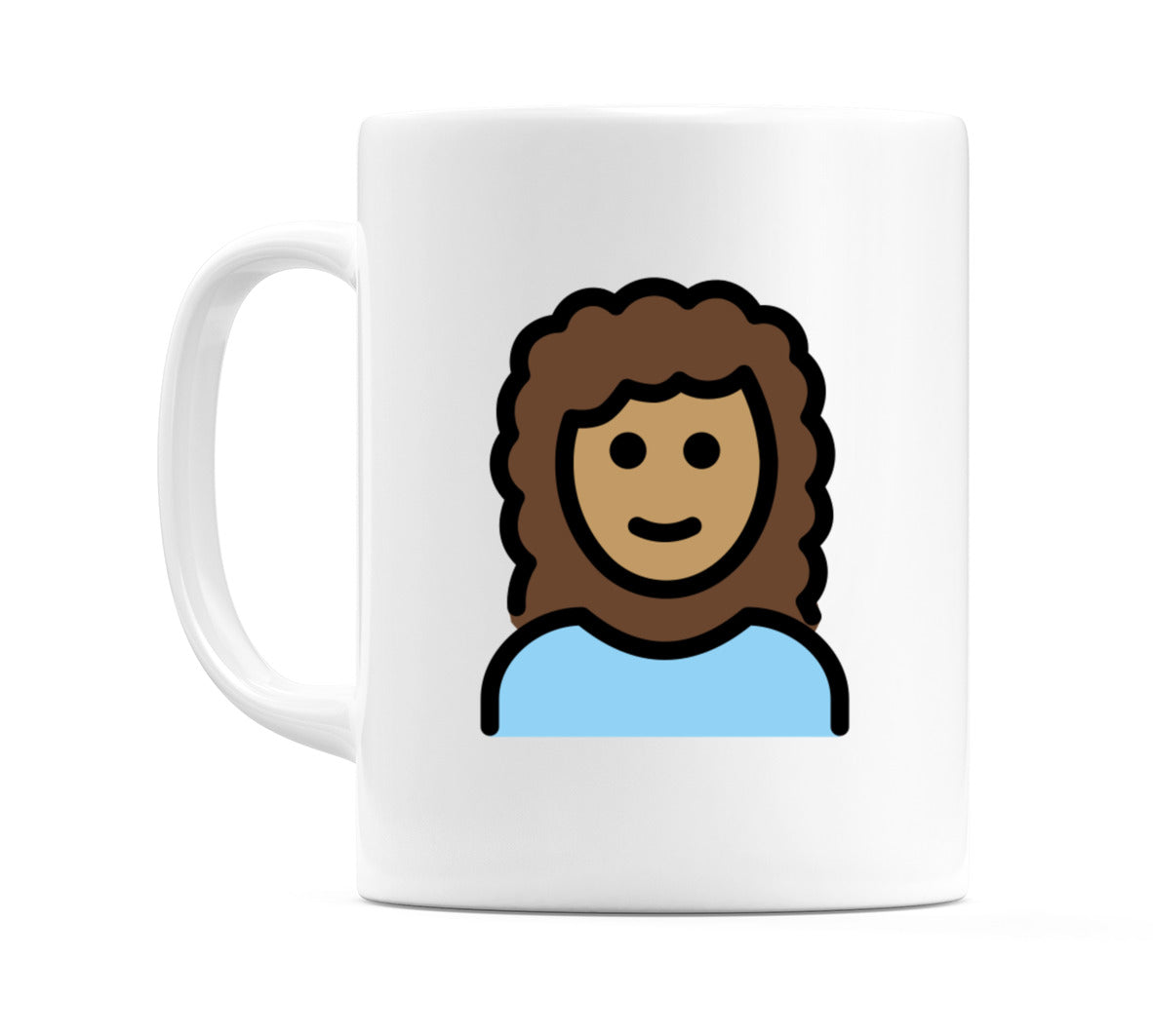 Female: Medium Skin Tone, Curly Hair Emoji Mug