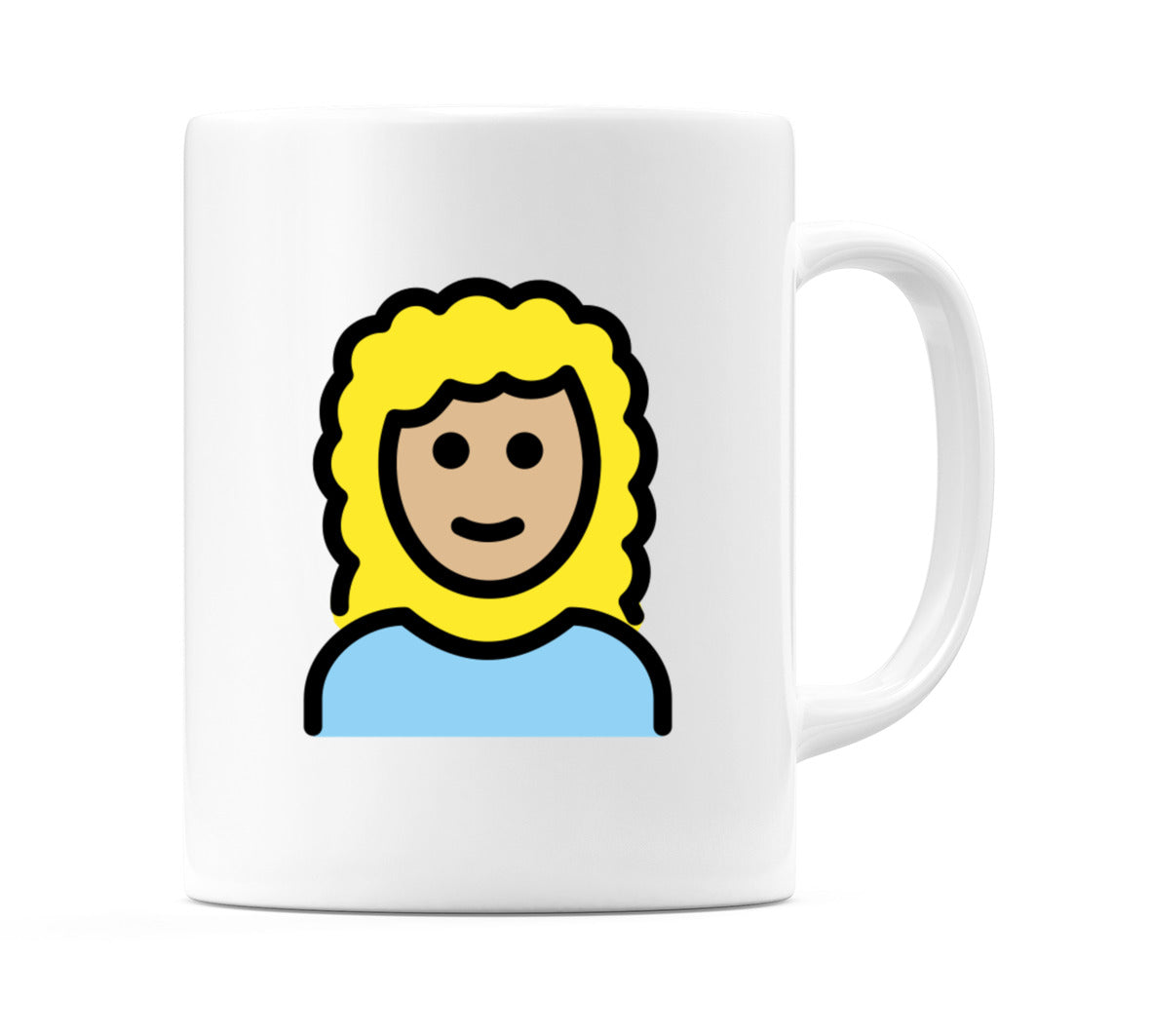 Female: Medium-Light Skin Tone, Curly Hair Emoji Mug