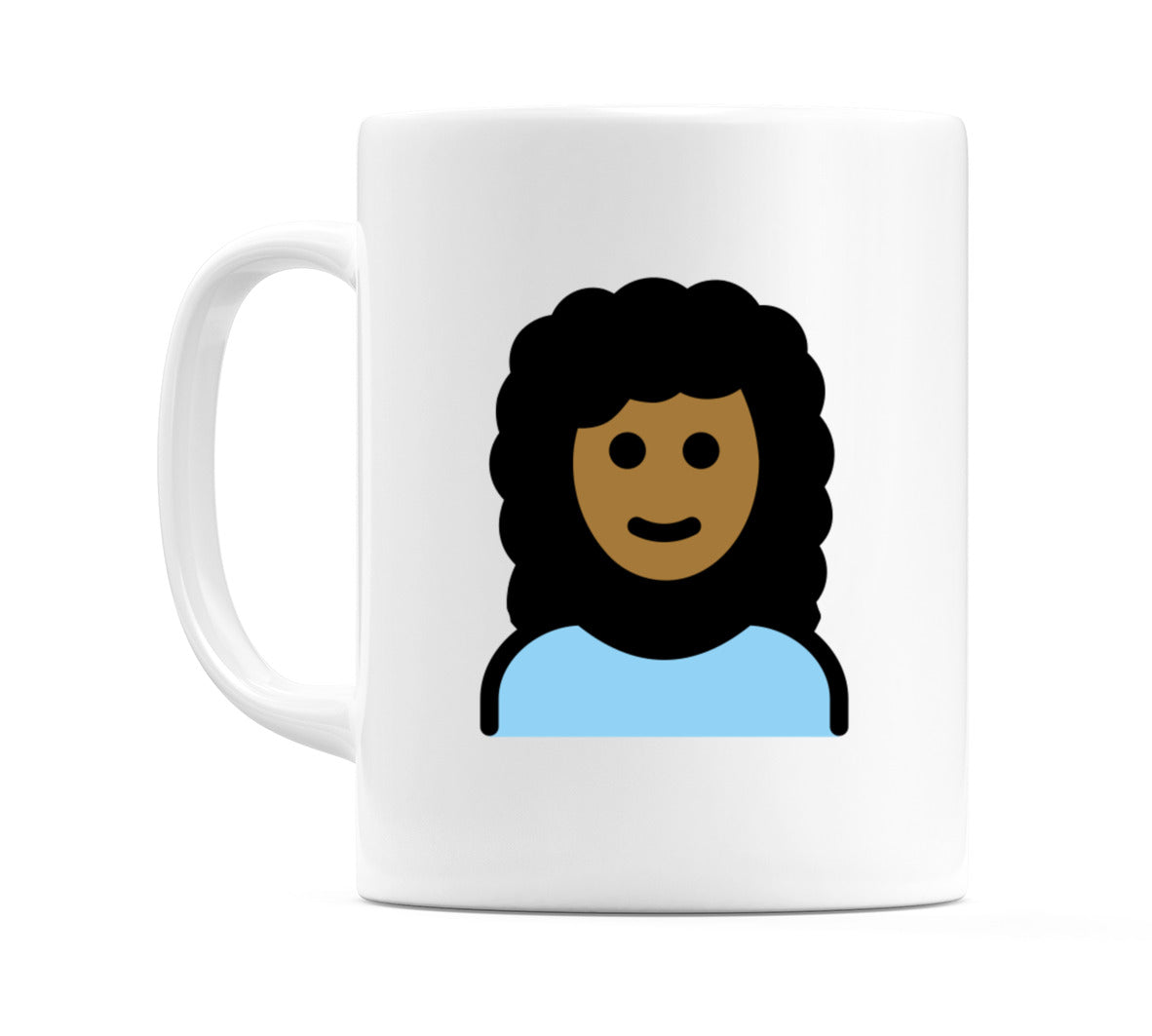 Female: Medium-Dark Skin Tone, Curly Hair Emoji Mug
