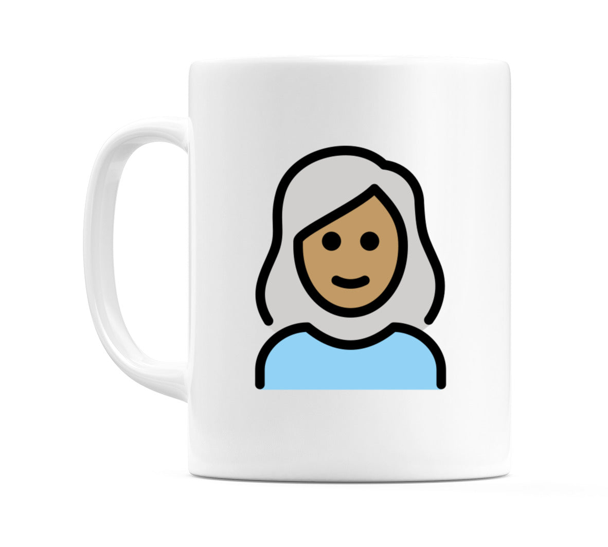 Female: Medium Skin Tone, White Hair Emoji Mug