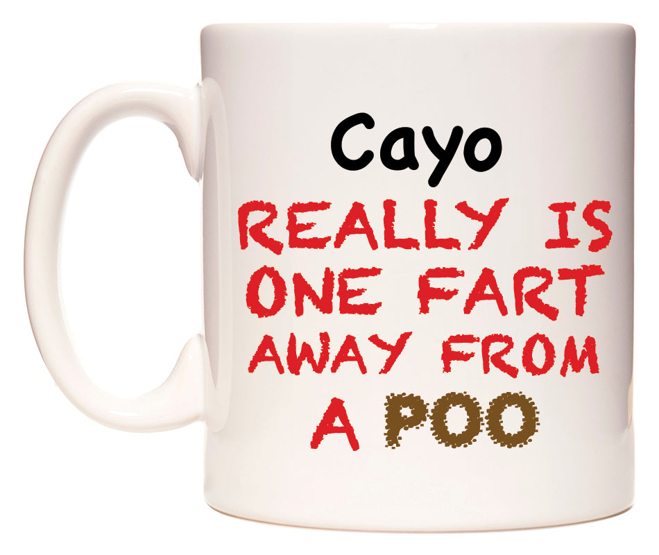This mug features Cayo Really is ONE Fart Away from A Poo
