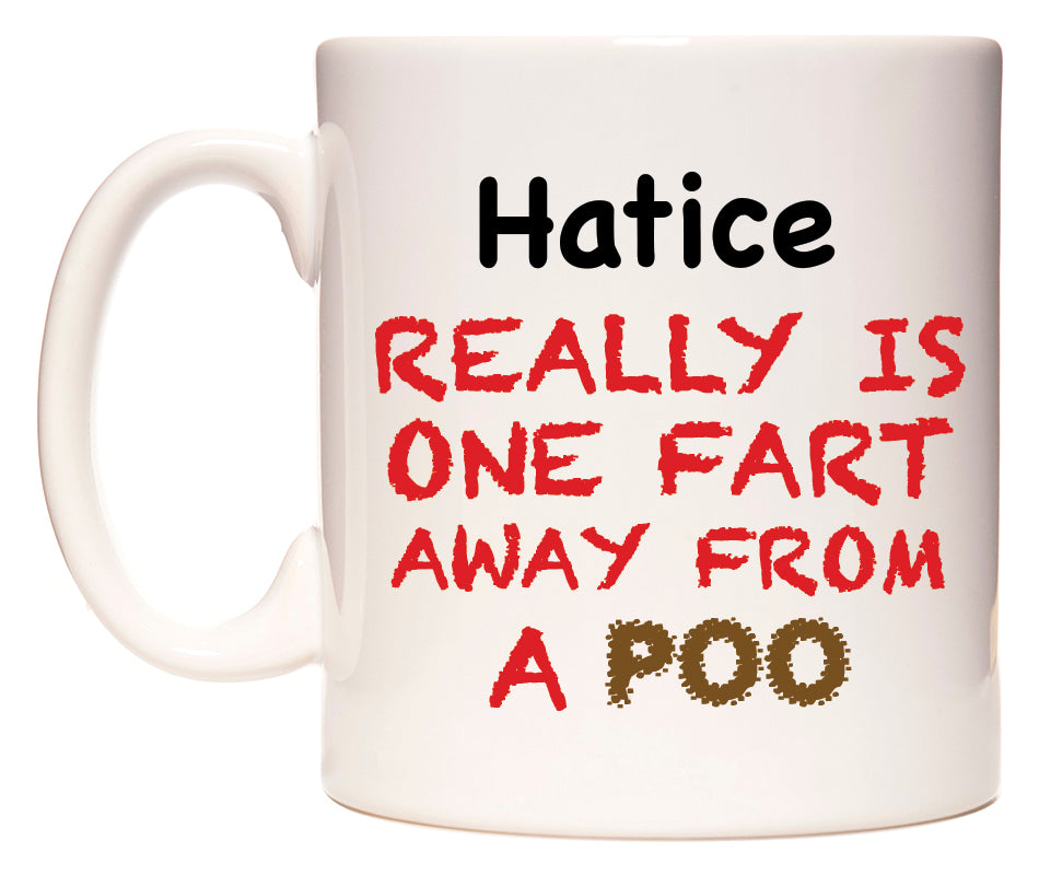 This mug features Hatice Really is ONE Fart Away from A Poo