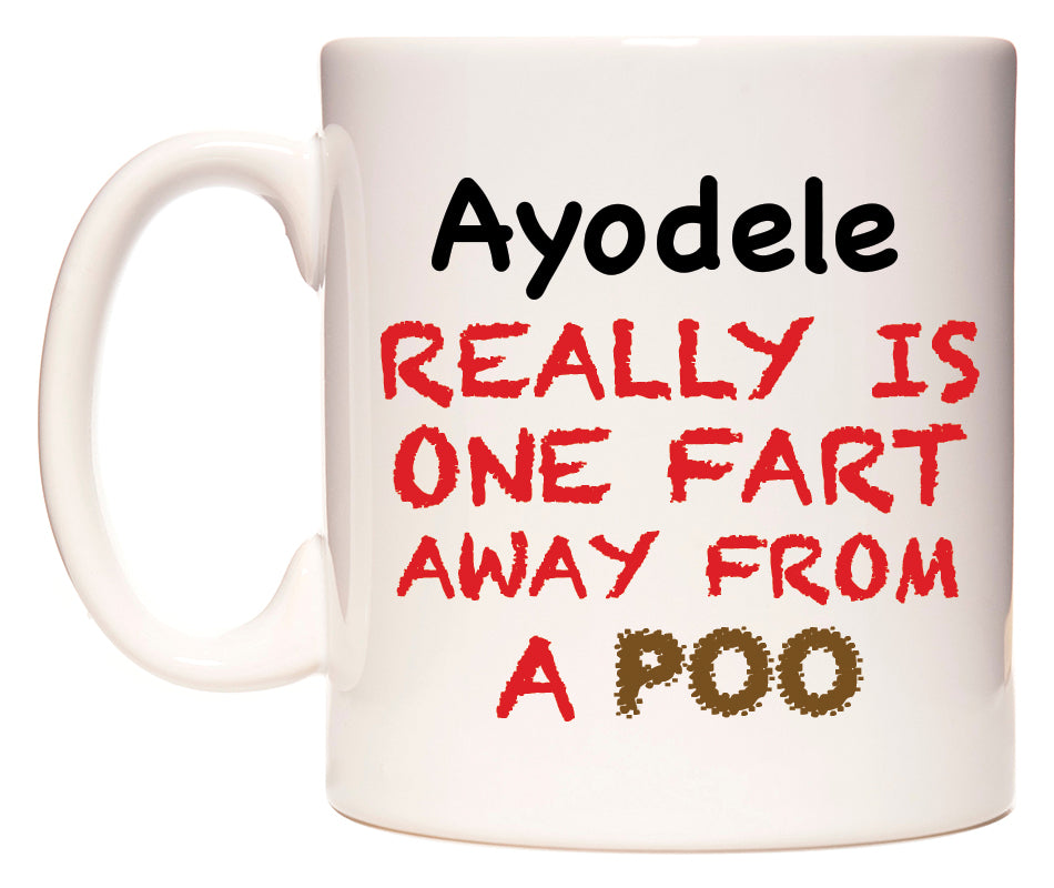 This mug features Ayodele Really is ONE Fart Away from A Poo