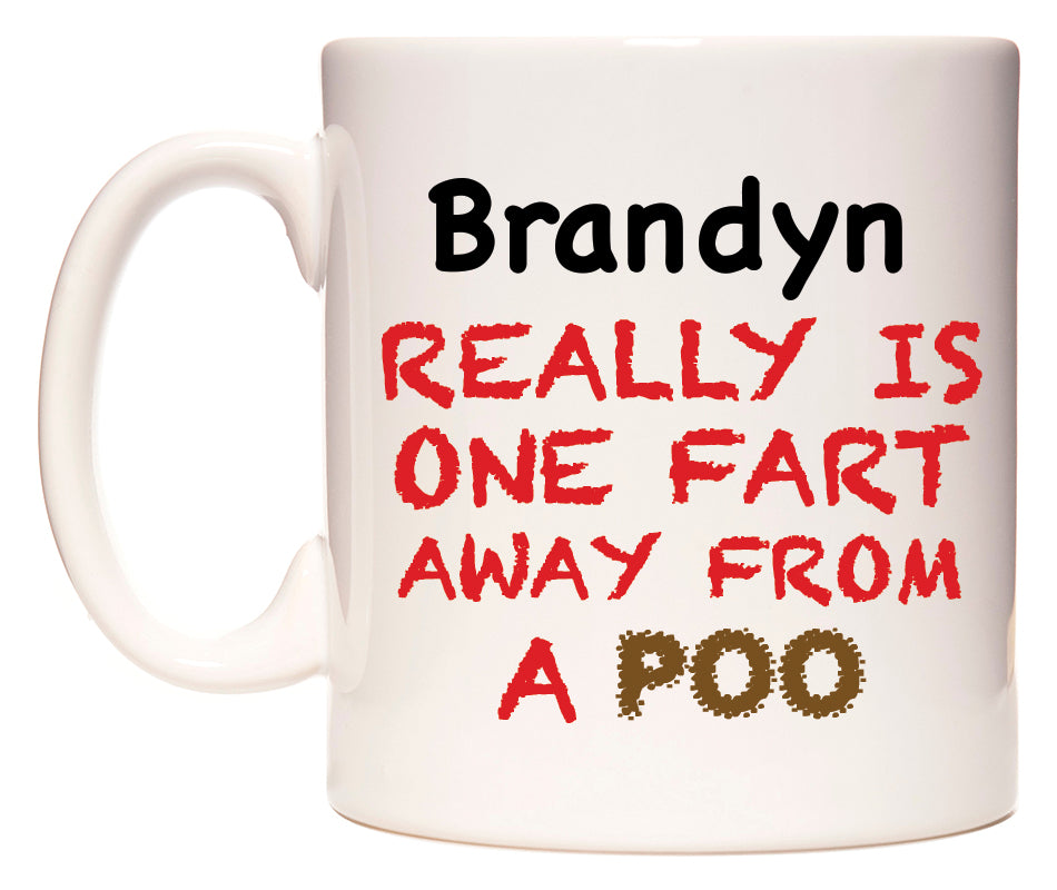 This mug features Brandyn Really is ONE Fart Away from A Poo