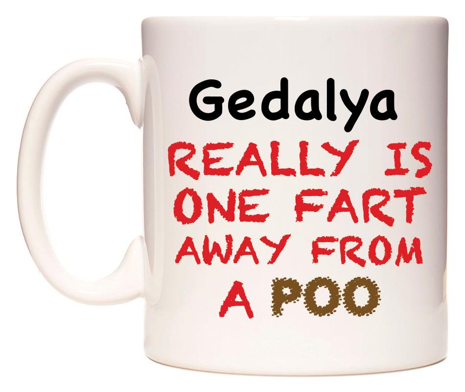 This mug features Gedalya Really is ONE Fart Away from A Poo
