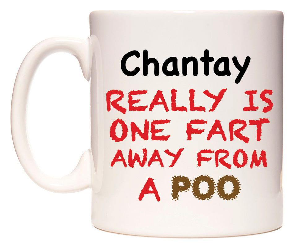 This mug features Chantay Really is ONE Fart Away from A Poo