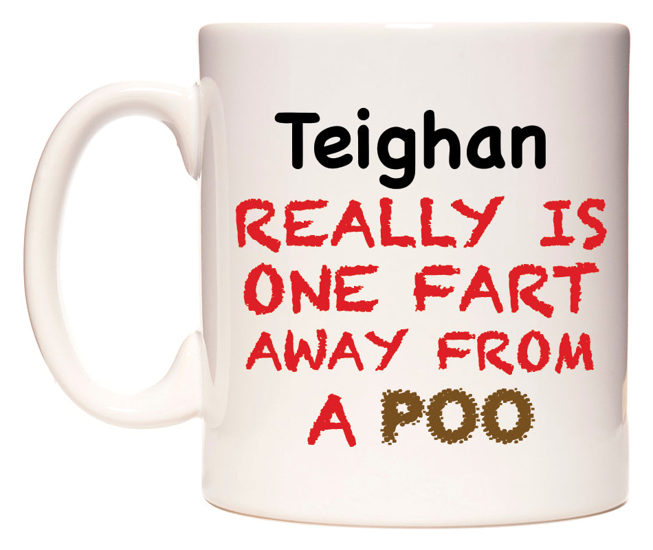 This mug features Teighan Really is ONE Fart Away from A Poo