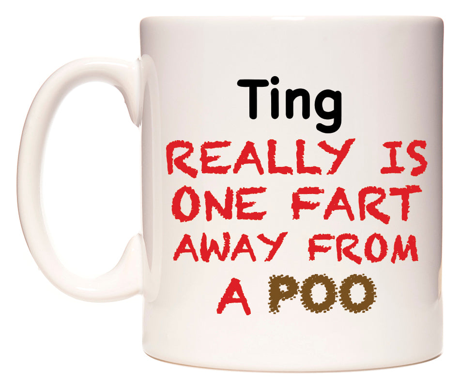 This mug features Ting Really is ONE Fart Away from A Poo