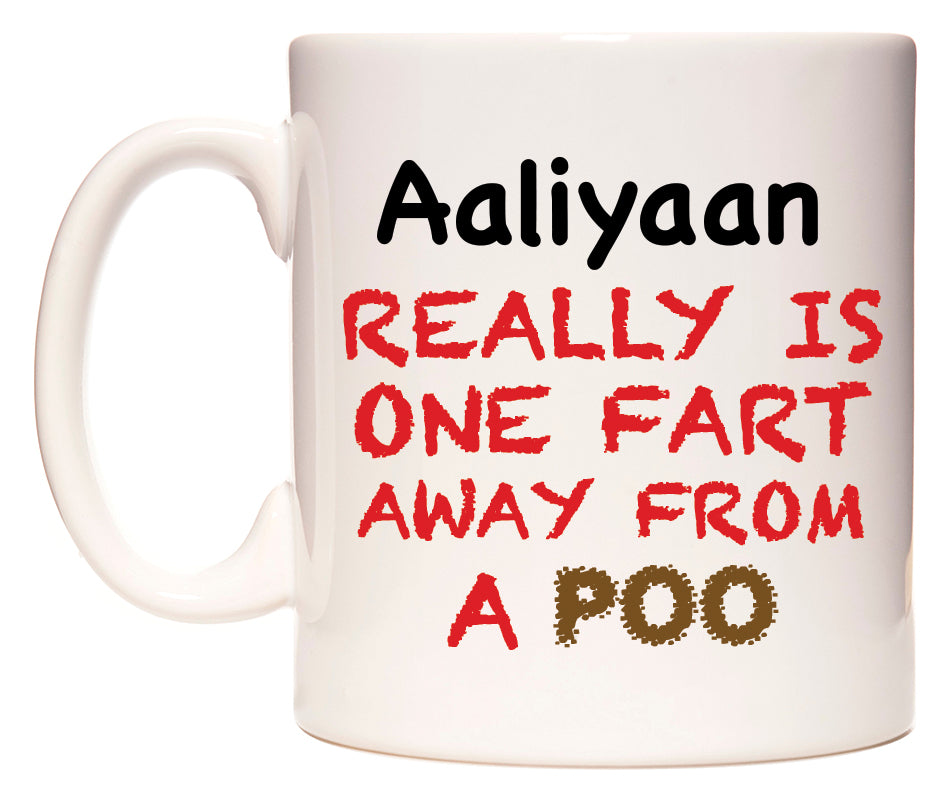 This mug features Aaliyaan Really is ONE Fart Away from A Poo